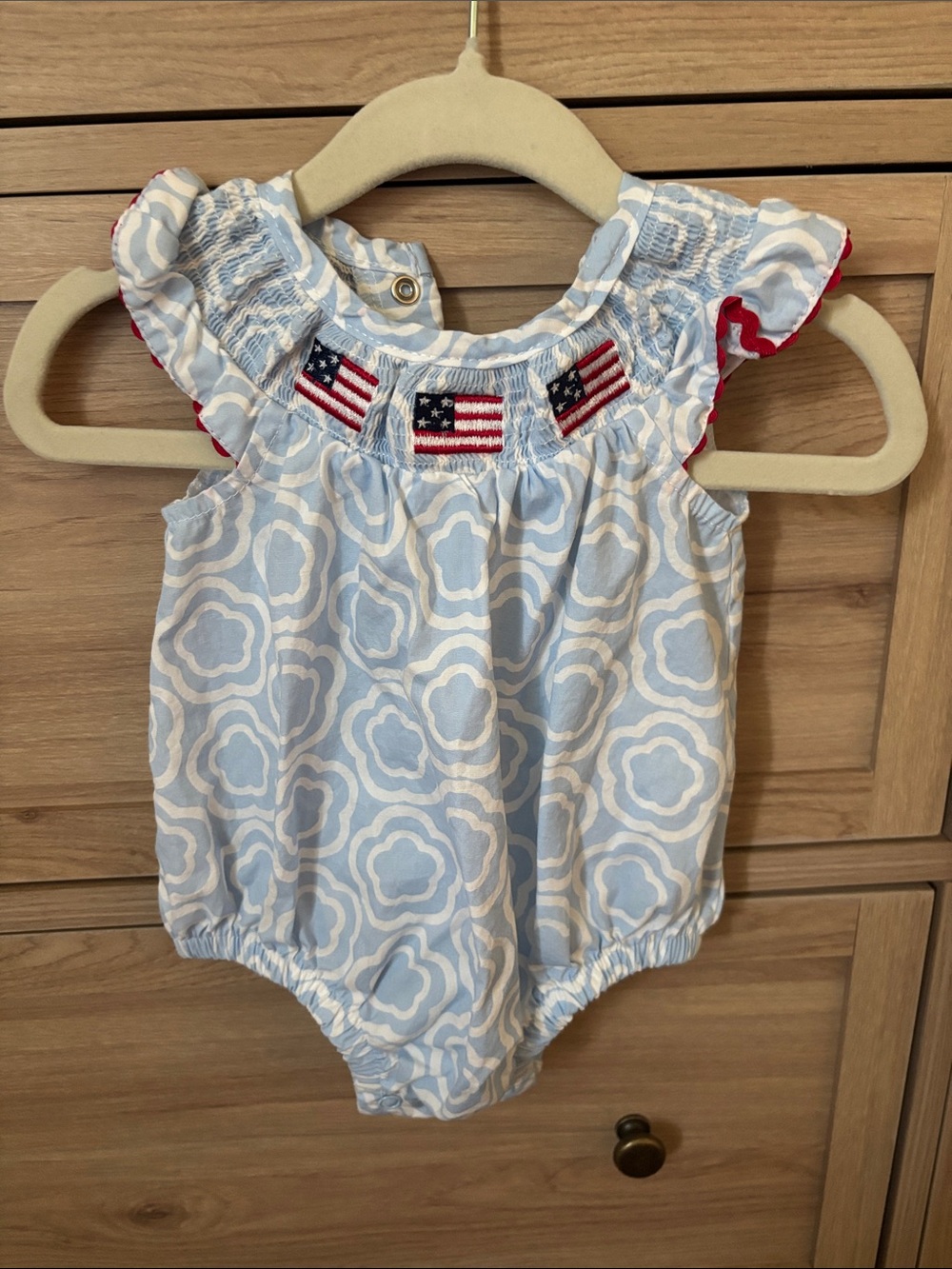 Nursery Rhyme Light Blue and White Floral Smocked Flag One-Piece